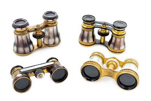 * Four Pairs of Continental Abalone and Mother of Pearl Veneered Opera Glasses Width of widest 4 1/8 inches.