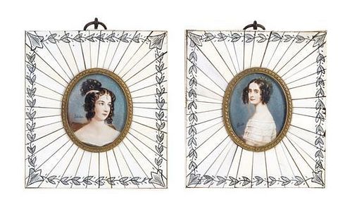 A Pair of Continental Portrait Miniatures Height overall 4 inches.