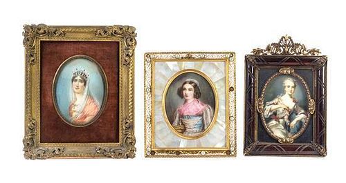 Three Continental Portrait Miniatures Height of tallest overall 6 5/8 inches.