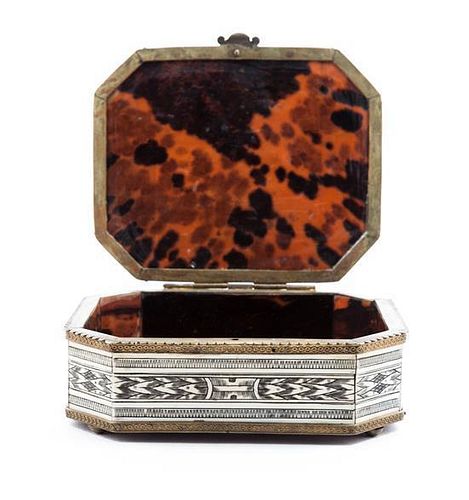 * A Continental Miniature Painting Inset and Gilt Metal Mounted Tortoiseshell Box Width 5 3/4 inches.