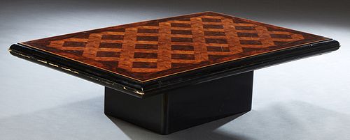 French Art Deco STyle Carved Inlaid Mahogany Coffee Table, 20th c., the sloping edge parquetry inlaid top, on a central rectangular block support, H.-