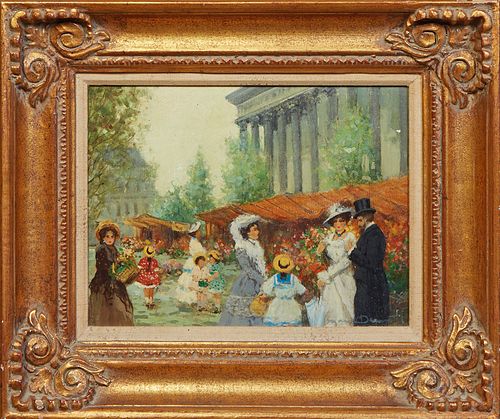 Continental School, "Parisian Flower Market, La Madeliene," 20th c., oil on canvas, signed indistinctly lower right, presented in a gilt frame, H.- 11