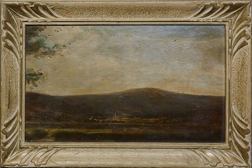 Continental School, "Landscape View," early 20th c., oil on canvas, unsigned, presented in a carved wood frame, H.- 8 7/8 in., W.- 14 3/4 in., Framed 