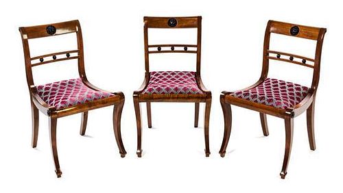 * A Set of Three of Italian Fruitwood Side Chairs Height 33 inches.
