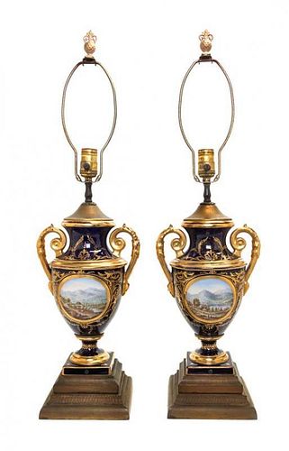 A Pair of Royal Vienna Style Porcelain Urns Height overall 30 inches.