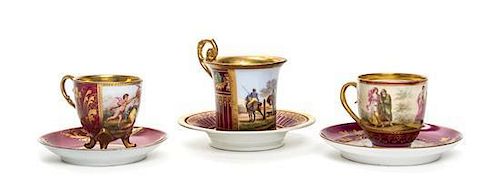 * Three Continental Porcelain Cabinet Cup and Saucer Sets Height of tallest 3 1/2 inches.
