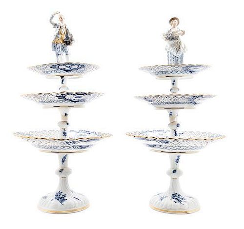 * A Pair of Meissen Blue Onion Porcelain Pastry Stands Height 21 inches.