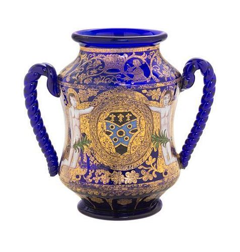 A Continental Enameled Cobalt Glass Two-Handled Cup Height 5 1/4 inches.