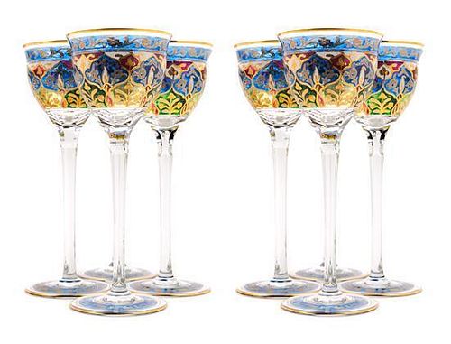 * A Set of Bohemain Enameled Glass Stemware Height of first 7 3/4 inches.