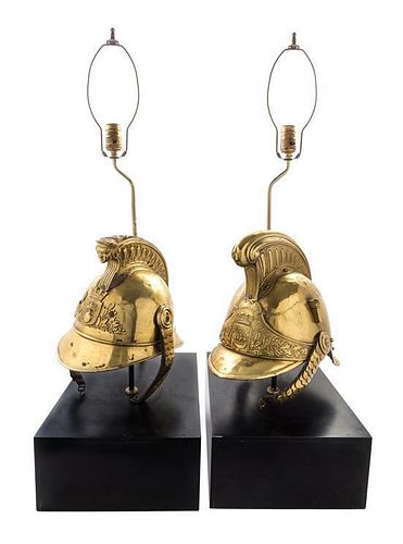 * A Pair of French Brass Lamps Height overall 33 1/3 inches.