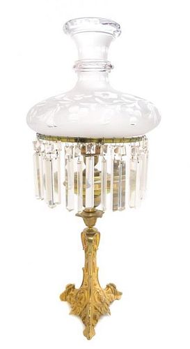 A Neoclassical Bronze and Etched Glass Lamp Height overall 28 3/4 inches.
