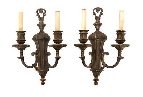 A Pair of Neoclassical Style Brass Two-Light Sconces Height 16 inches.