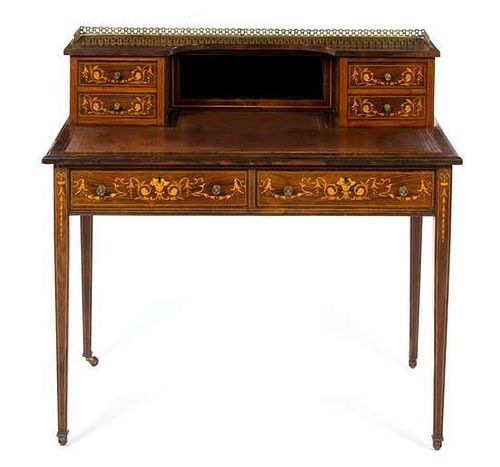 * A Dutch Marquetry Writing Desk Height 37 3/4 x width 40 x depth 20 1/2 inches.