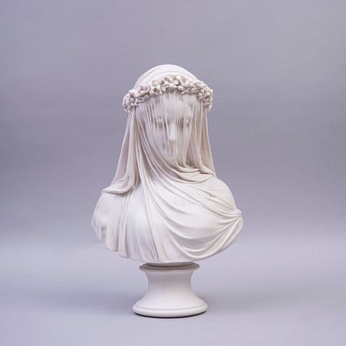 RAPHAELLE MONTI. Virgen velada. Inglaterra, Siglo XX. Elaborada en polvo de alabastro. Sellada Chatsworth Sculptures.