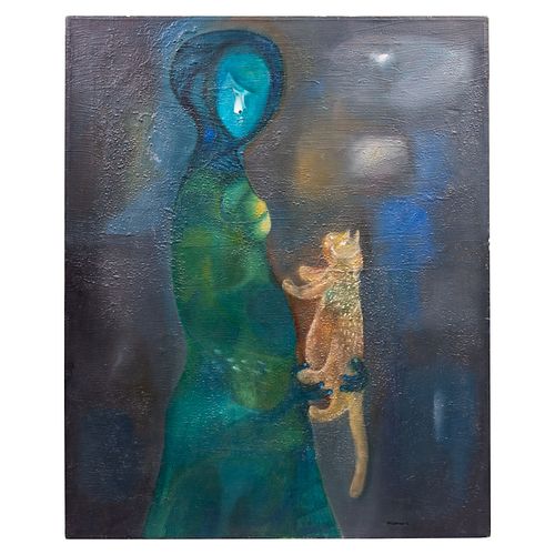 FELIPE ORLANDO. Mujer con un gato. Firmado. Óleo sobre tela. 80 x 65 cm.