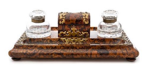 A French Faux Tortoise Shell and Gilt Bronze Mounted Ink Stand Length 15 3/4 inches.
