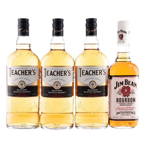 Lote de Whisky y Bourbon. Teacher's. Jim Beam. En presentaciones de 750 ml. Total de piezas: 4.
