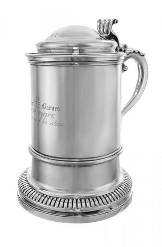 A George III Silver Tankard, Rebecca Emes and Edward Barnard, London, 1786, of cylindrical form surmounted by a domed lid and ra