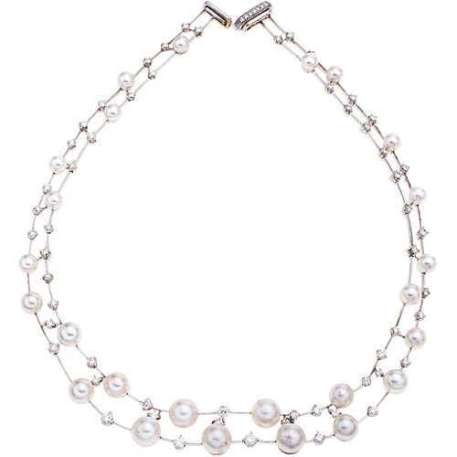GARGANTILLA CON PERLAS CULTIVADAS Y DIAMANTES EN ORO BLANCO DE 18K con perlas blancas y diamantes corte brillante ~3.60 ct. Peso: 55.1g