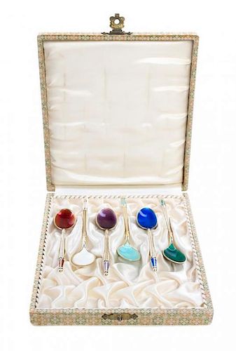 A Set of Six Danish Enameled Silver Coffee Spoons, A. Michelsen, Copenhagen,