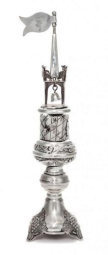 A Silver Spice Tower, 20th Century, having a bell tower top surmounting the spice box and raised on foliate decorated feet.