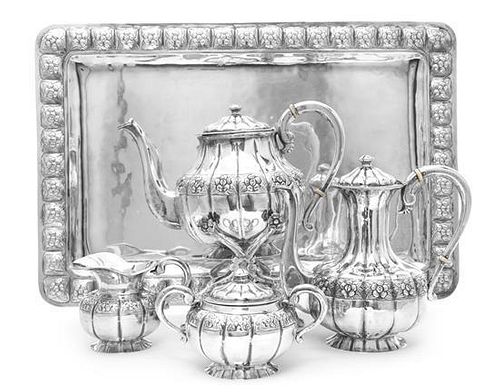 A Mexican Silver Four-Piece Tea and Coffee Set and Matching Tray, Sanborns, Mexico City, 20th Century, comprising a coffee pot,