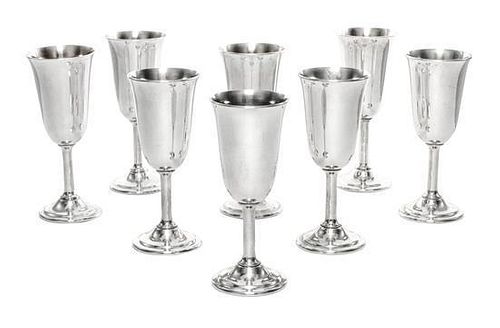 A Set of Eight American Silver Cordials, International Silver Co., Meriden, CT, each with a stepped foot.