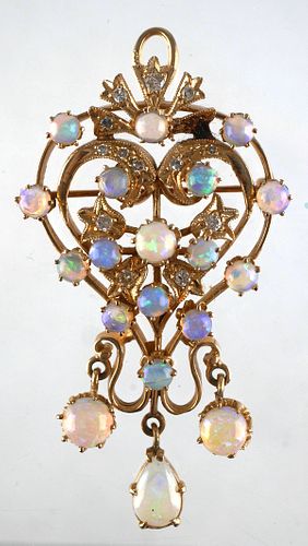 14K Gold Opal and Diamond Brooch Pendant
