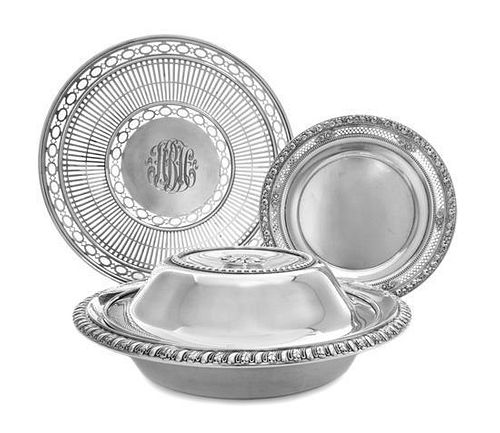 A Group of Three American Silver Serving Dishes, , comprising a pierced cake dish, a covered serving dish and a smaller pierced