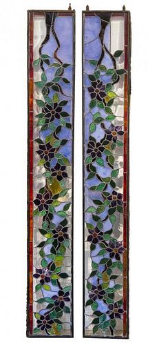 A Pair of Leaded Glass Windows Height 80 1/2 x width 11 3/4 inches.