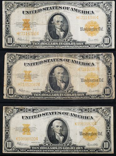 (3) Series 1922 $10 Gold Certificate US Banknotes