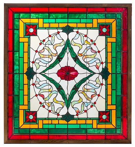 A Set of Six Large Leaded Glass Windows Height 64 1/2 x width 64 1/2 inches.