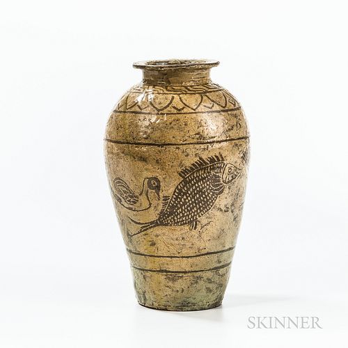 Slip-inlaid Buncheong Stoneware Jar