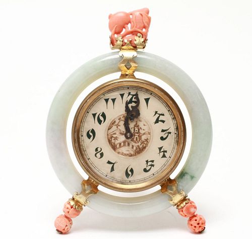 Edward Farmer Silver Gilt Jade & Coral Clock, 1925
