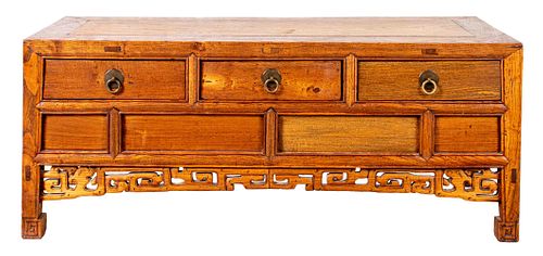 Chinese Carved Wood Low Chest of Drawers