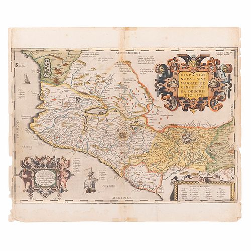 Ortelius, Abraham. Hispaniae Novae Sivae Magnae Recens et Vera Descriptio 1579.  Mapa grabado, coloreado, 34.5 x 50 cm.
