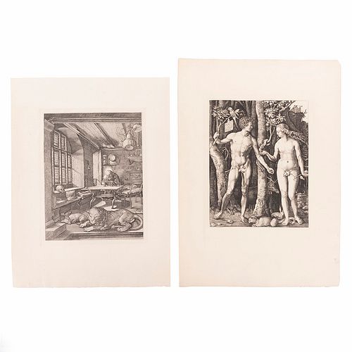 Durero, Alberto. Adán y Eva / San Jerónimo en su Estudio.  Grabados, 24 x 19 cm y 24 x 18.5. Piezas: 2.