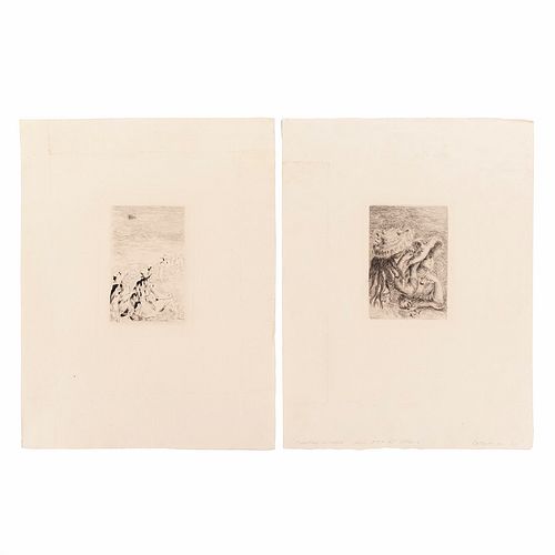 Renoir, Pierre Auguste. Sur la Plage a Berneval/Le Chapeau Epingle. Grabados (punta seca), 12 x 75 y 11 x 8 cm. Firmados en placa. Pzs2