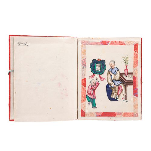 Álbum de 11 Dibujos Chinos sobre Papel de Arroz. Seis Tipos, un paisaje, mariposas, pájaros, flores y un perro. En color. S. XIX.
