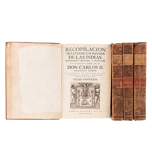 Recopilación de Leyes de los Reynos de las Indias. Mandadas Imprimir, y Publicar por la M. C. del Rey D. Carlos II. Madrid: 1774. Pzs.4