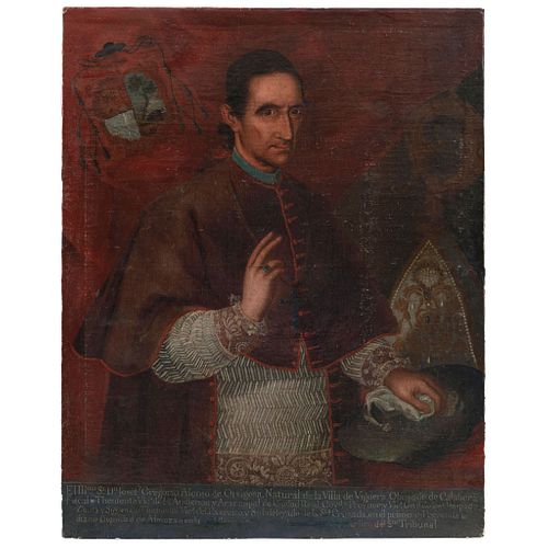 RETRATO DE JOSÉ GREGORIO ALONSO DE ORTIGOSA MÉXICO, SIGLO XVIII Óleo sobre tela. Firmado.  100 x 79 cm