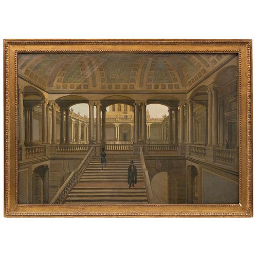 PEDRO GUALDI (CARPI, 1808- NUEVA ORLEANS, 1857) ESCALERA DEL PALACIO DE MINERÍA. Óleo sobre tela Firmado y fechado. 80 x 116 cm