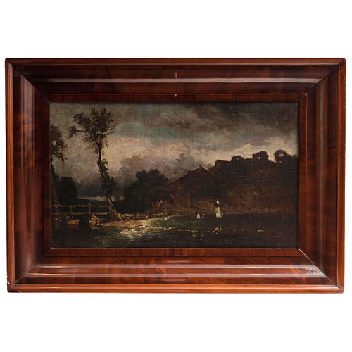 CONSTANT TROYON (FRANCIA, 1810 – 1865) PAISAJE CAMPIRANO CON PERSONAJES Óleo sobre tela adherido a tabla Firmado 29.5 x 50 cm
