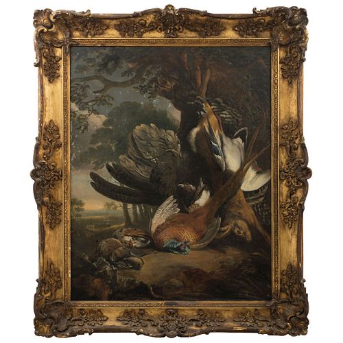 A LA MANERA DE JAN WEENIX  PAÍSES BAJOS, (1642 – 1719) BODEGÓN CON ANIMALES Óleo sobre lienzo 129 x 102 cm
