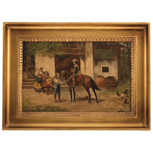 MANUEL PICOLO LÓPEZ MURCIA, (1855-1912) JINETE A CABALLO BEBIENDO Óleo sobre tela Firmado Detalles de conservación. 26 x 39.5 cm