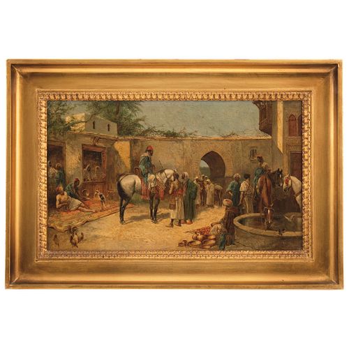 MANUEL PICOLO LÓPEZ MURCIA, (1855-1912) JINETES Y PERSONAJES ÁRABES Óleo sobre tela Firmado Detalles de conservación 26.5 x 44.5 cm