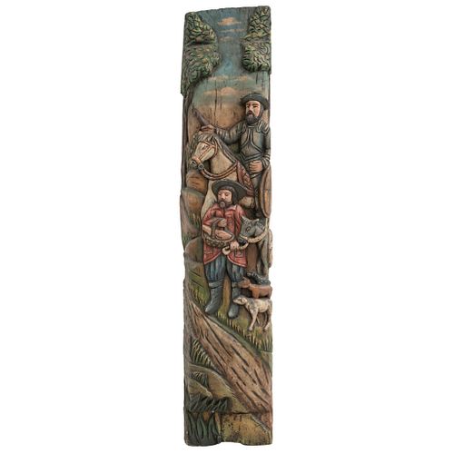 RELIEVE MÉXICO, SIGLO XX Talla en madera policromada con escena de Don Quijote y Sancho Panza. 159 x 27 x 15 cm
