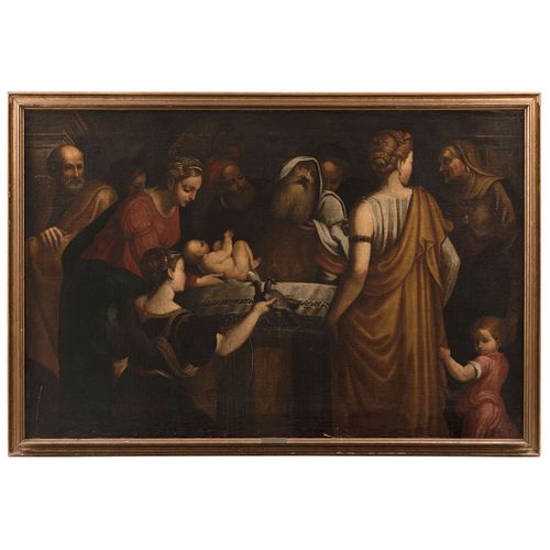 LA PRESENTACIÓN DE JESÚS EN EL TEMPLO SIGLO XIX Óleo sobre tela Detalles de conservación 118 x 178 cm