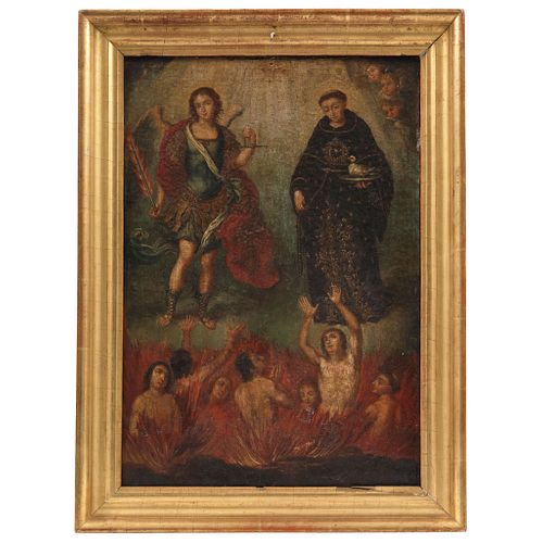 SAN NICOLÁS TOLENTINO CON SAN MIGUEL ARCÁNGEL Y LAS ALMAS DEL PURGATORIO MÉXICO, SIGLO XVIII Óleo sobre tela 52 x 37 cm