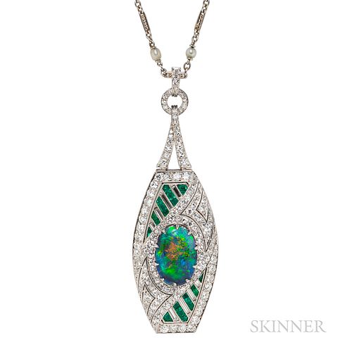 Art Deco Platinum, Opal, Emerald, and Diamond Pendant